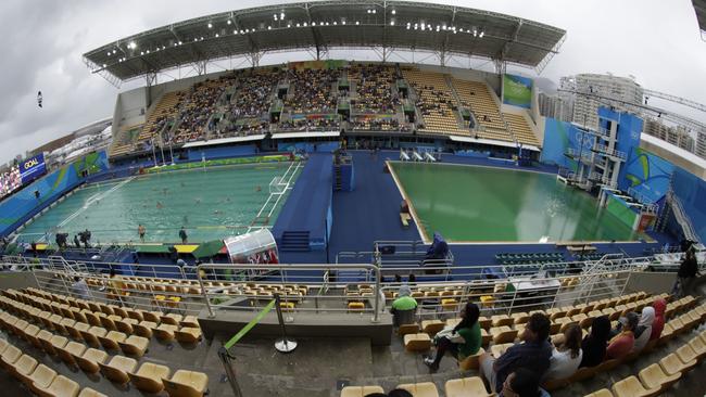 Both pools have now turned green at the Rio Olympics. Picture: AP