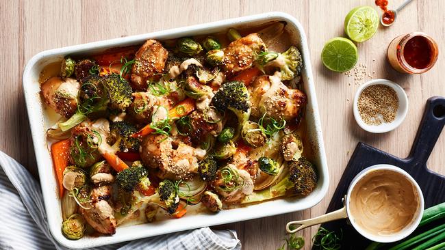 This satay tray bake combines lots of delicious ingredients.