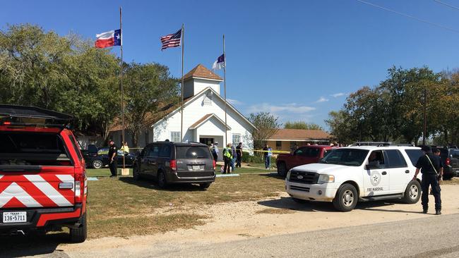 Evil act: The scene outside First Baptist Church of Sutherland Springs, near San Antonio, Texas. Picture: Supplied