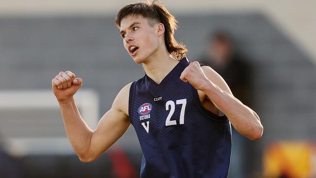 Sam Darcy celebrates a goal during Vic Metro’s trials in June. Picture: Getty Images