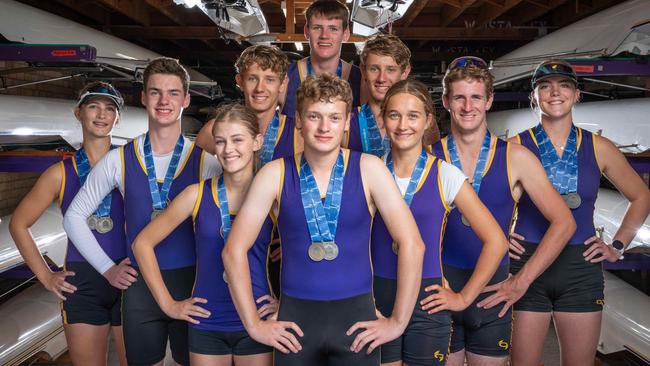 Corio Bay Rowing Club’s Rio Smith, James Trott, Eden Smith, Tadhg Bailey, Henry Coulson, Ned Joyce, Zander Bailey, Skye Quirk, Noah Brandie and Beatrix Hearn won a collection of medals at the 2025 Rowing Victoria State Championships. Picture: Brad Fleet