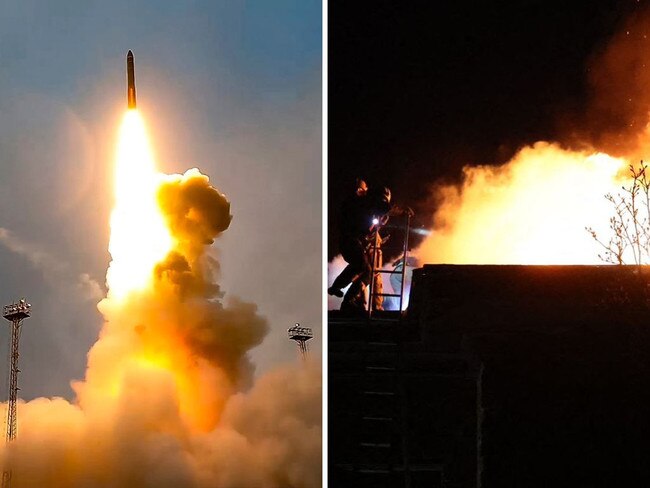 A Yars intercontinental ballistic missile is test-fired from the Plesetsk launchpad in northwestern Russia on October 29. (Picture: Russian Defense Ministry Press Service via AP) Ukrainian firefighters work on a spot following an air-attack in Dnipro. Picture: Handout/State Emergency Service of Ukraine/AFP)