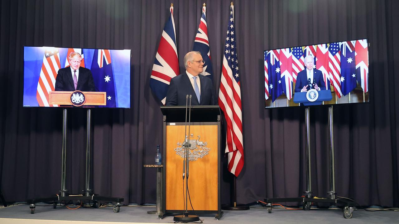 Last week, Prime Minister Scott Morrison announced the AUKUS alliance with Joe Biden and Boris Johnson. Picture: Newswire/Gary Ramage