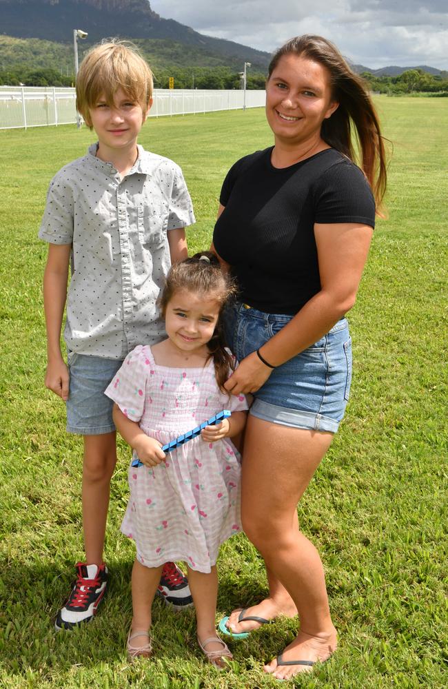 Socials at Family Fun Race Day at Cluden Park. Elisha Flach with Michael, 11, and Indiana Rawlinson, 4. Picture: Evan Morgan