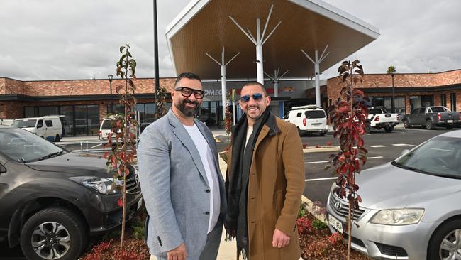 Barber Boys owner Don De Sanctis, left, with Thirteen Commercial’s Anthony Lenzi at the new Hendon Central shopping centre. Picture: Keryn Stevens