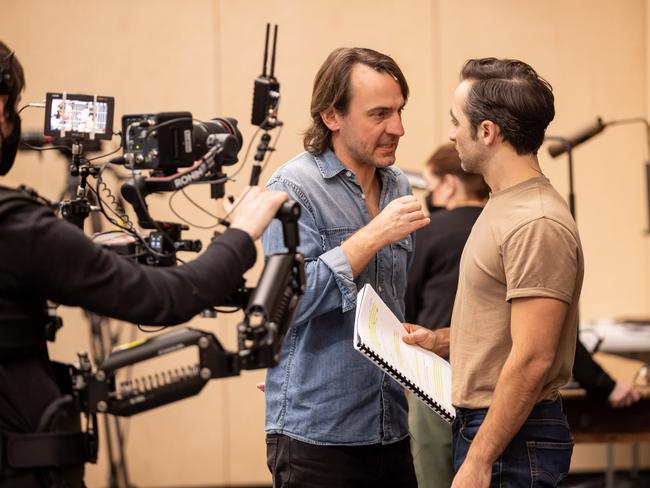 A Steadycam operator, Ewen Leslie and Matthew Backer in a rehearsal for Strange Case of Dr Jekyll and Mr Hyde. Picture: Daniel Boud