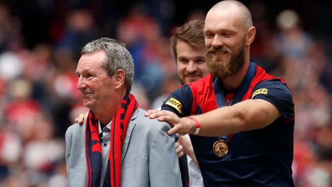 MELBOURNE, AUSTRALIA - DECEMBER 05: Max Gawn and Neale Daniher are seen during the Melbourne Demons Premiership Celebration at the Melbourne Cricket Ground on December 05, 2021 in Melbourne, Australia. (Photo by Michael Willson/AFL Photos via Getty Images)