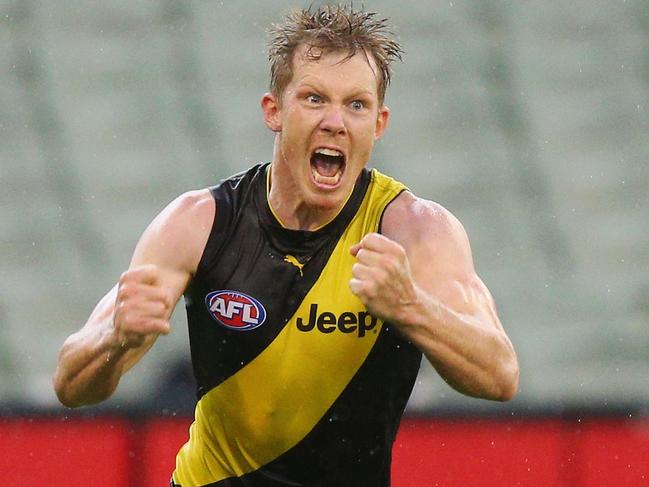 MELBOURNE, AUSTRALIA - APRIL 08:  Jack Riewoldt of the Tigers celebrates a goal that sealed the match during the round three AFL match between the Richmond Tigers and the West Coast Eagles at Melbourne Cricket Ground on April 8, 2017 in Melbourne, Australia.  (Photo by Michael Dodge/Getty Images)