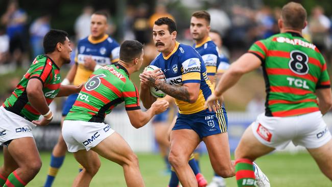 Reagan Campbell-Gillard charges into the South Sydney defence.