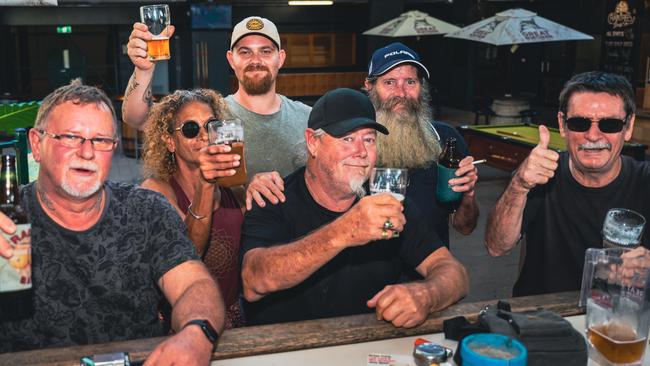 Cheers to the end of an era; Wayne Barry, Dawn Kay, Luke Huggins, Mark Wheeler, Jason Williams and Brett Wintle gather at Raintrees Tavern. Picture Emily Barker