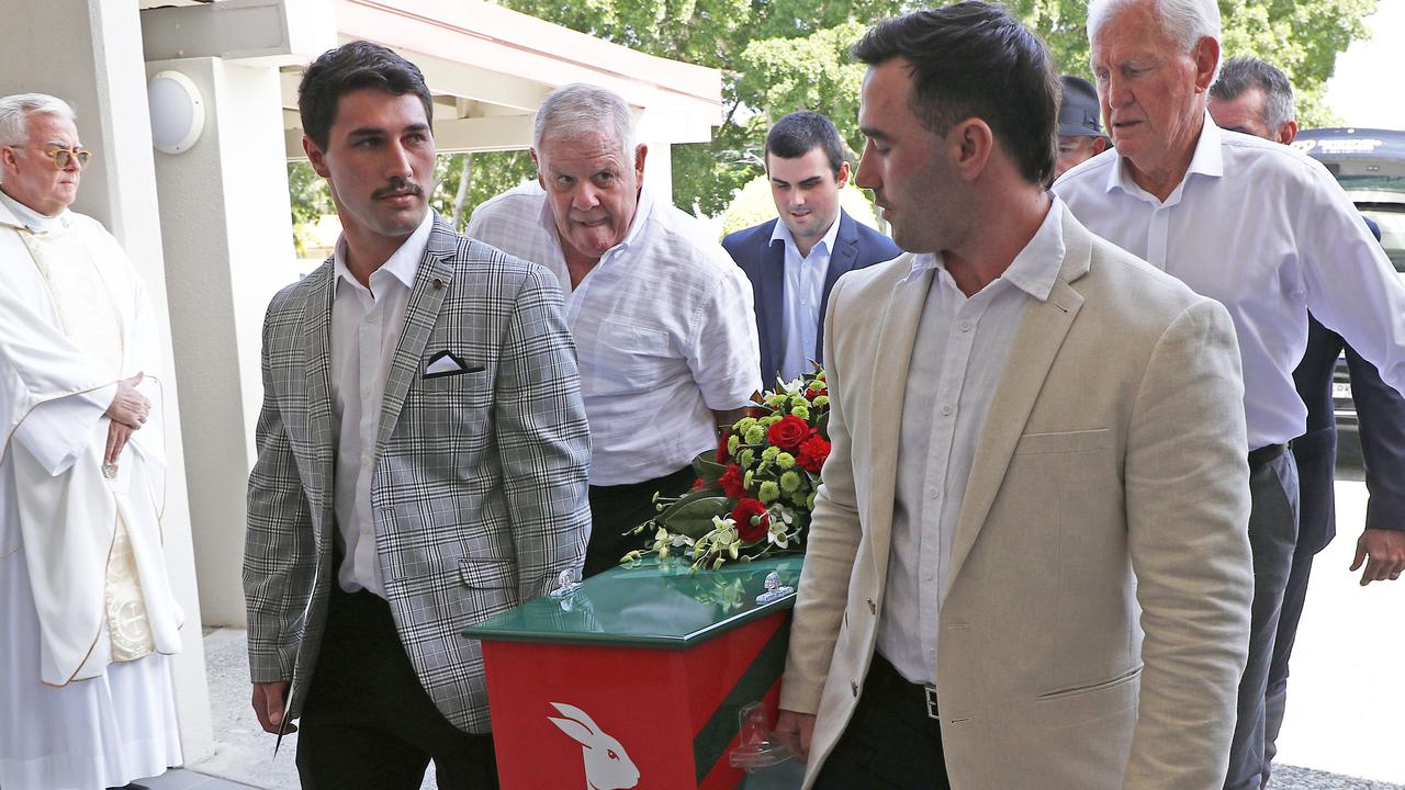 Jordan Sattler, Jack Sattler, Bob McCarthy and Ron Coote carry the casket in. Picture: NCA NewsWire/Tertius Pickard