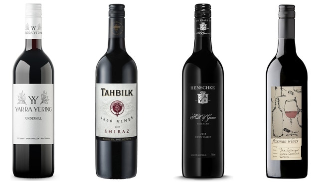 Yarra Yering Underhill 2022, Tahbilk 1860 Vines shiraz, Henshke Hill of Grace 2018, and Flaxman Wines The Stranger 2020.