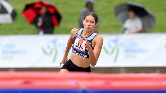 The high-flying Izobelle Louison-Roe of Port Hacking in action at the NSW Little Athletics state championships.