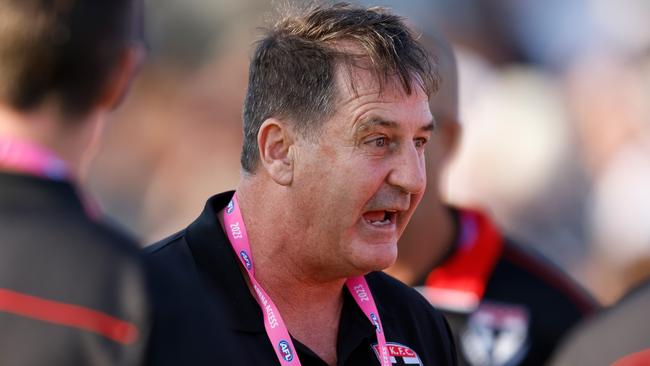 MELBOURNE, AUSTRALIA - MARCH 03: Ross Lyon, Senior Coach of the Saints addresses his players during the 2023 AFL practice match between the St Kilda Saints and the Essendon Bombers at RSEA Park on March 3, 2023 in Melbourne, Australia. (Photo by Michael Willson/AFL Photos via Getty Images)