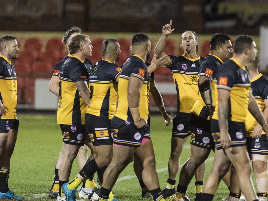 Luke Self of Gatton gestures to celebrate his try against Valleys. Picture: Kevin Farmer.