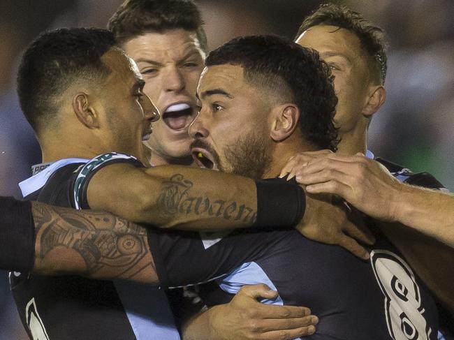 Andrew Fifita of the Sharks scores during the Round 23 NRL match between the Cronulla-Sutherland Sharks and the North Queensland Cowboys at Southern Cross Group Stadium in Sydney, Saturday, August 18, 2018. (AAP Image/Craig Golding) NO ARCHIVING, EDITORIAL USE ONLY