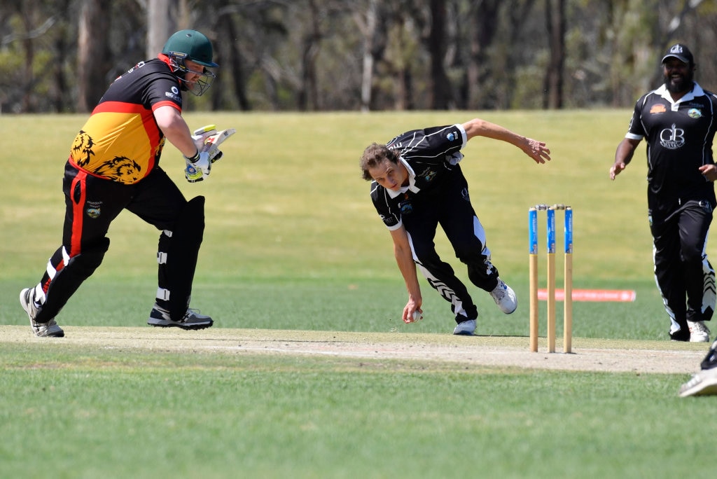 Liam Moffett of Liebke Lions is safe from Pieter Van der Kooij of George Banks Umbrellas in Darling Downs Bush Bash League (DDBBL) round five T20 cricket at Highfields Sport Park, Sunday, October 20, 2019. Picture: Kevin Farmer