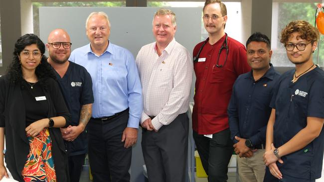 From left: Dr Amel Safi, graduate nurse Hayden Sandrey, Minister for Health Steve Edgington, Brian OâGallagher Member for Karama, Dr Gabriel Jackson, Khoda Patel, Member for Casuarina, and graduate nurse Mushahid Fatemi. Royal Darwin Hospital, January 29, 2025.