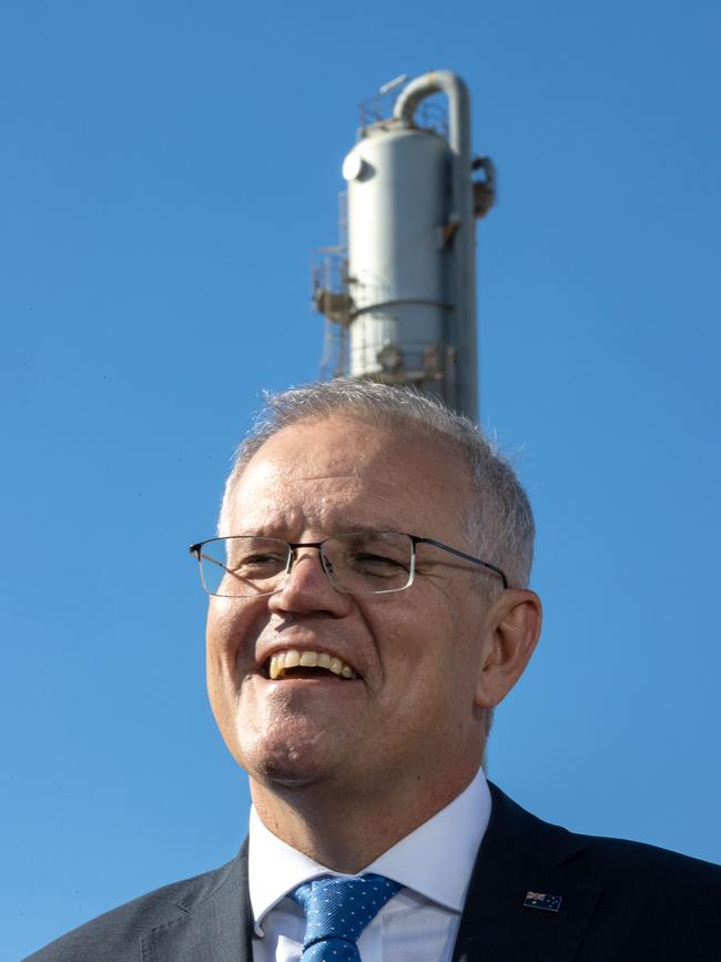 Prime Minister Scott Morrison visits Viva Energy Oil near Corio, Victoria Picture: Jason Edwards