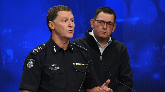 Commissioner Shane Patton and Premier Daniel Andrews at press conference regarding Bourke and Russell streets incident Friday night. Picture: Josie Hayden