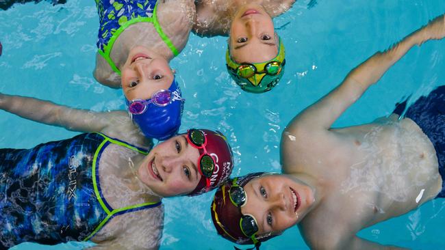 Marion will host the SA Junior Short Course Swimming titles, live streamed by The Advertiser. Clockwise from left, Charlotte Conroy (Marion Swimming Club), Noah Fillmore (Onkaparinga SC), Piper Cameron (Clovercrest SC) and Joshua Janssen-Merlin (Marion SC). Picture: Brenton Edwards