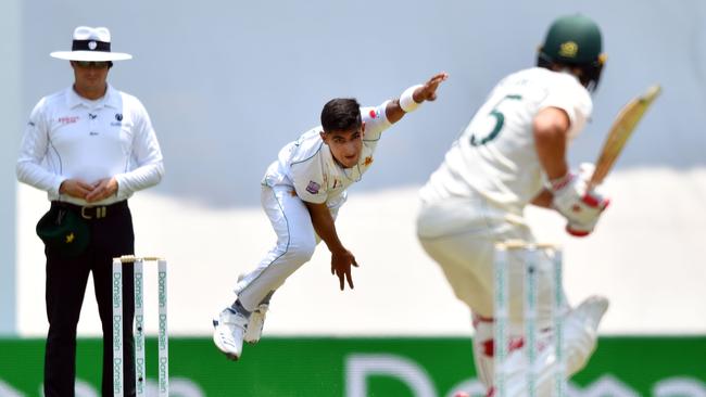 Pakistan's paceman Naseem Shah (C) has had his age questioned in Indian media. Picture: AFP