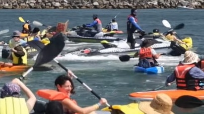 Scenes from the floating protest at Newcastle Harbour. Picture: Facebook