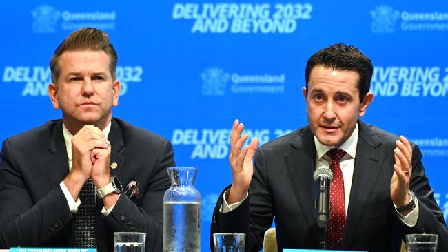 Deputy Premier of Queensland Jarrod Bleijie and Premier of Queensland David Crisafulli at Tuesday’s announcement of the Games plan. Picture: NewsWire / John Gass