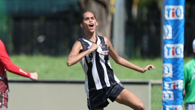 Tatyana Perry playing for the Palmerston Magpies in the women's elimination final against the Tiwi Bombers in the 2024-25 NTFL season. Picture: Pema Tamang Pakhrin