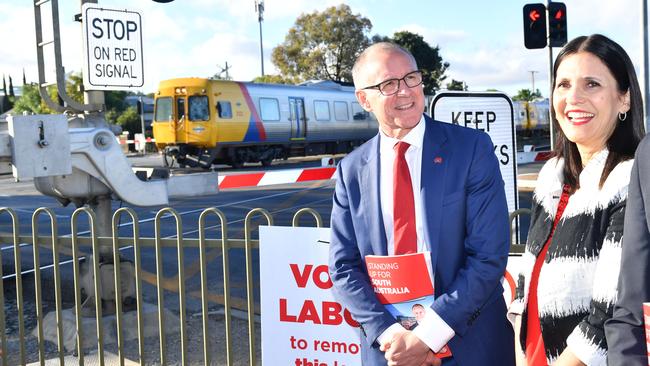 Premier Jay Weatherill and Labor’s Adelaide candidate Jo Chapley at a press conference in Ovingham. Picture: Keryn Stevens/AAP.