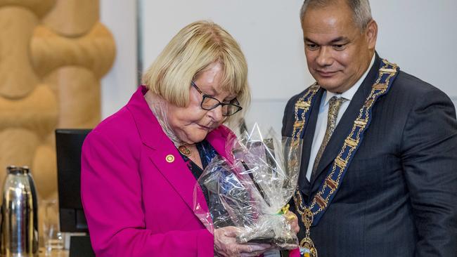 Final Gold Coast City Council meeting before the 2020 election. Retiring Councillor Dawn Crichlow and Mayor Tom Tate. Picture: Jerad Williams.