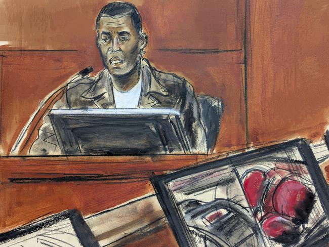 Music artist Kid Cudi testifies on the witness stand. Picture: Elizabeth Williams via AP.
