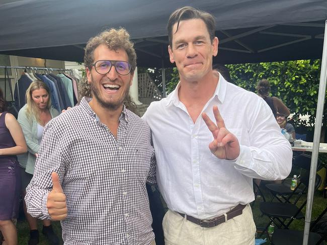 Rabbi Kaltmann with John Cena on the set of Ricky Stanicky on Thursday. Picture: Supplied.