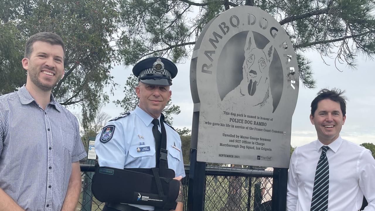 Councillor Paul Truscott with Sergeant Ian Grigoris and Mayor George Seymour at the dog park named in honour of fallen police dog, Rambo.