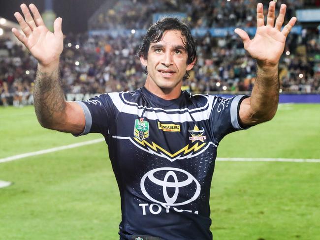 Johnathan Thurston co-captain of the Cowboys waves farewell to fans after playing his last home game during the Round 24 NRL match between the North Queensland Cowboys and the Parramatta Eels at 1300SMILES Stadium in Townsville, Friday, August 24, 2018. (AAP Image/Michael Chambers) NO ARCHIVING, EDITORIAL USE ONLY