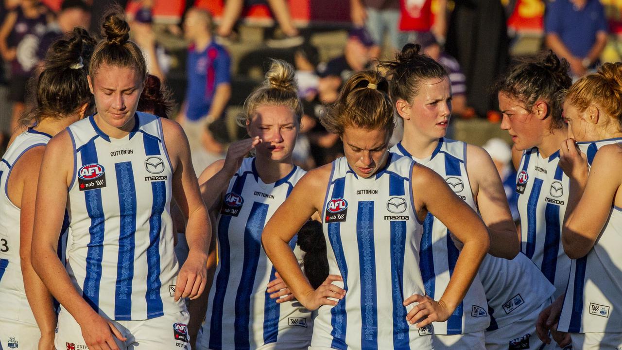 North Melbourne’s fall from the AFLW finals — despite having a better win-loss record than confirmed finalists Geelong — has created outrage about the AFLW conference system. But the league’s real problem is not the conference format but finding more space on the football calendar for the national women’s league. Picture: Tony McDonough