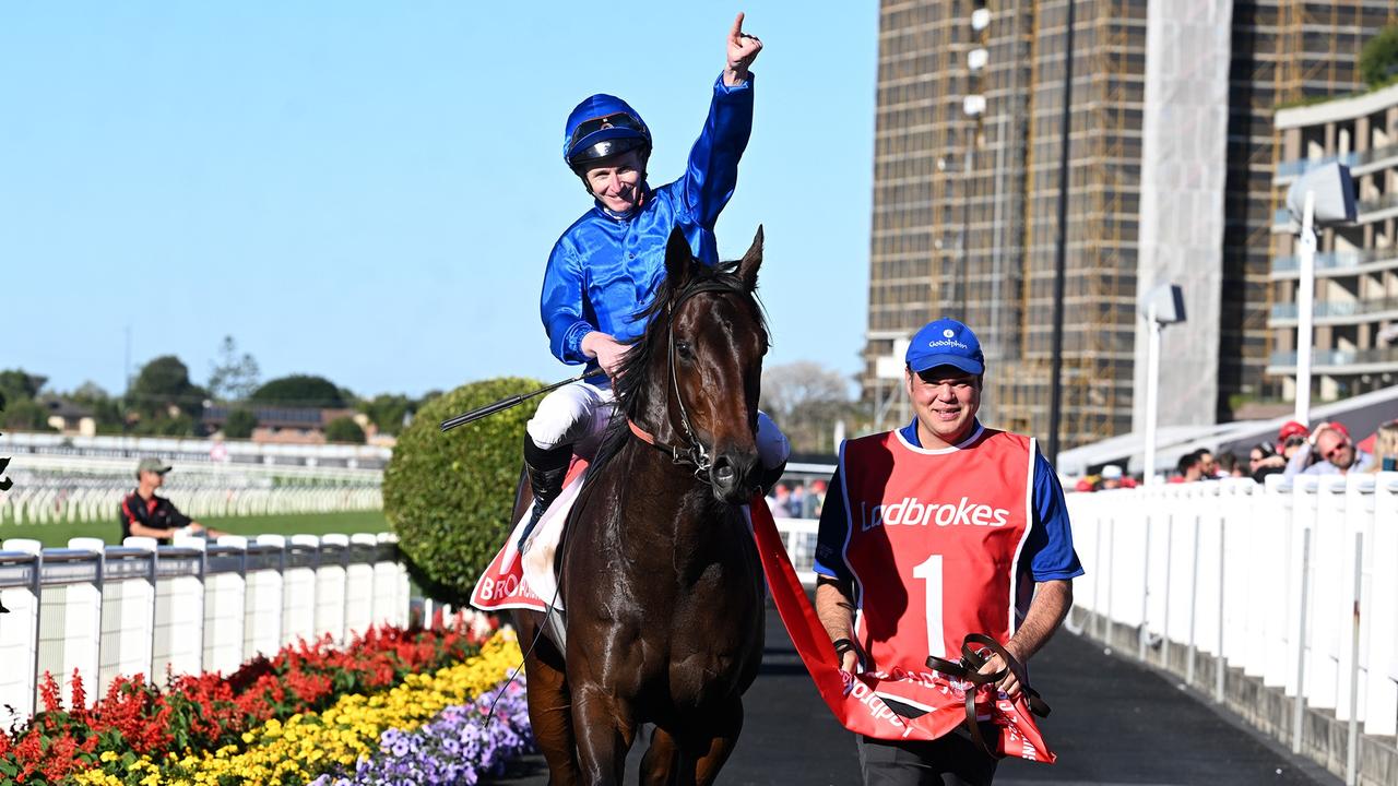 James McDonald and Broadsiding return to scale after winning the Group 1 JJ Atkins at Eagle Farm on Saturday. Picture: Grant Peters/Trackside Photography.