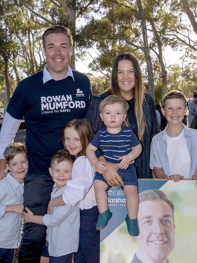 Liberal Rowan Mumford with his wife Jessica and children Beau, 5, Jai, 3, Carter, 7, Tate, 1 and Noah, 9, during the March state election. Picture: Naomi Jellicoe