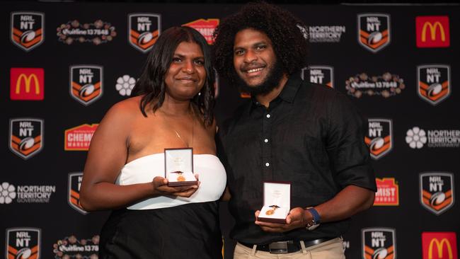 Ellie Niki and Caleb Niki were the big winners at the 2023 NRL NT Frank Johnson / Gaynor Maggs medal night. Picture: Pema Tamang Pakhrin