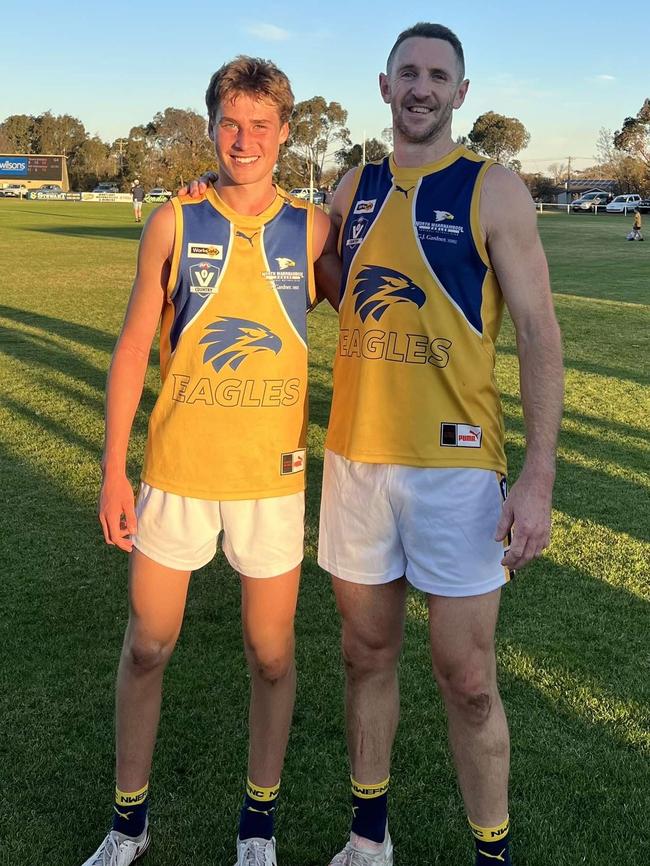 Michael Barlow and Charlie Jellie on Saturday. Picture: North Warrnambool Football Netball Club.