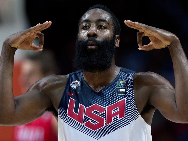 James Harden of the USA celebrates scoring during the match.