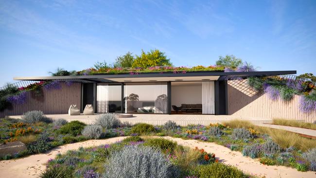 Artist renders of the villas depict fantastic-looking burrows nestled into the landscape with garden roofs, firepits and plunge pools. Picture: Supplied.