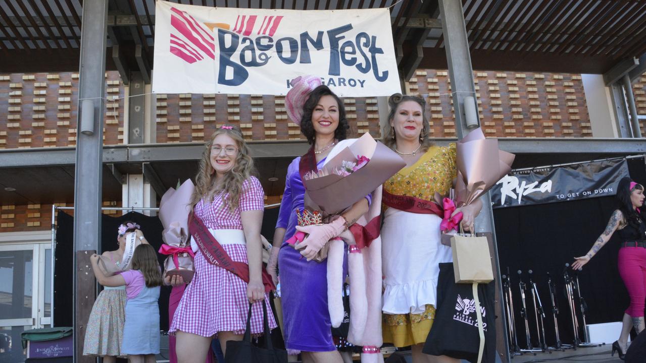 Miss Gertie Bloom (left), Jacquelyn, and Honey Bee, winners of the 2022 Kingaroy BaconFest Pinup Pageant. Picture: Sarah Petty