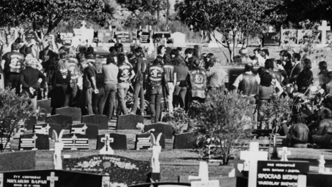 Bandidos bikie gang members at the funeral of two of their own at Rookwood Cemetery.