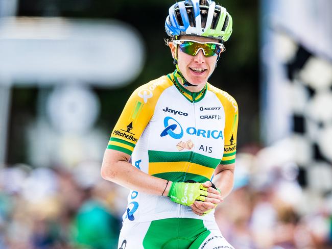 Cadel Evans Great Ocean Road Race, Geelong, Victoria - Elite Womens Event. Winner Amanda Spratt celebrates at the finish line. Photo Stuart Walmsley