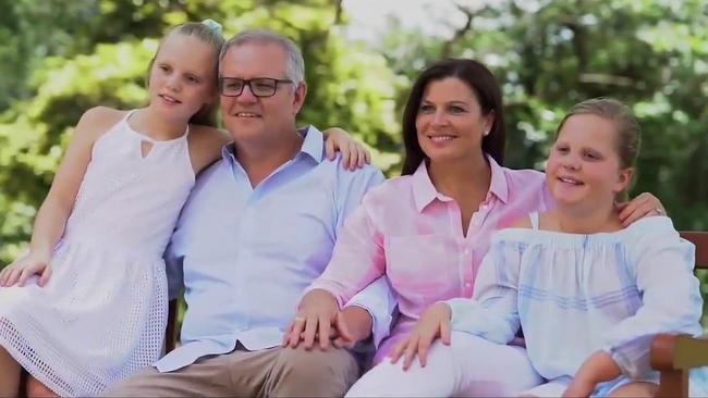 Scott Morrison and his family in a video still from the Liberal Party campaign video released last night.