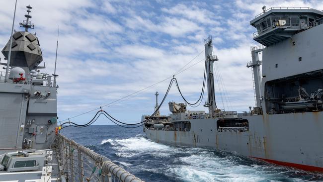 Anzac-class frigate HMAS Stuart refuelling at sea this week from New Zealand Navy Polar-class sustainment ship HMNZS Aotearoa. Picture: Defence