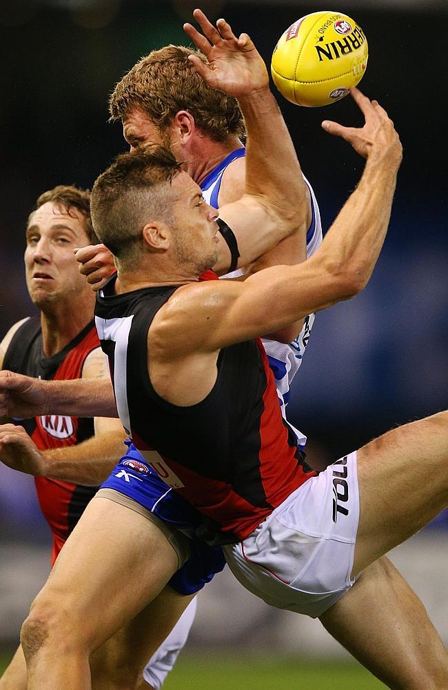 Bombers debutant Patrick Ambrose puts his body on the line. Picture: Getty