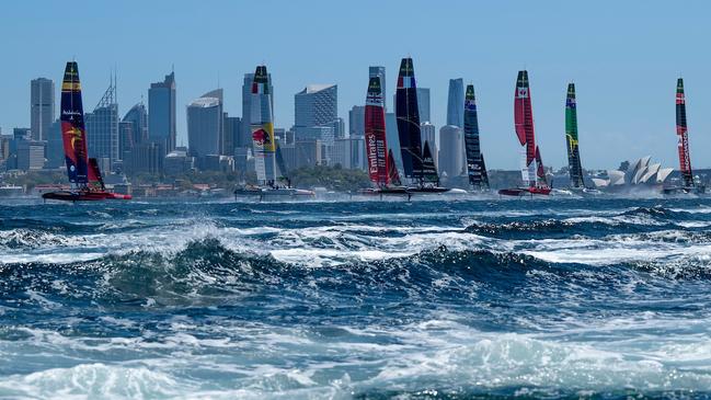 The SailGP F50 catamaran fleet in action in front of the Sydney Opera House and Sydney CBD skyline ahead of the KPMG Australia Sail Grand Prix in Sydney. Picture: Ricardo Pinto for SailGP