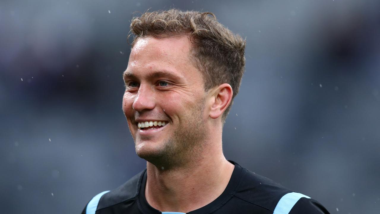 SYDNEY, AUSTRALIA - JULY 02: Matt Moylan of the Sharks warms up ahead of the round 16 NRL match between the Canterbury Bulldogs and the Cronulla Sharks at CommBank Stadium on July 02, 2022 in Sydney, Australia. (Photo by Jason McCawley/Getty Images)